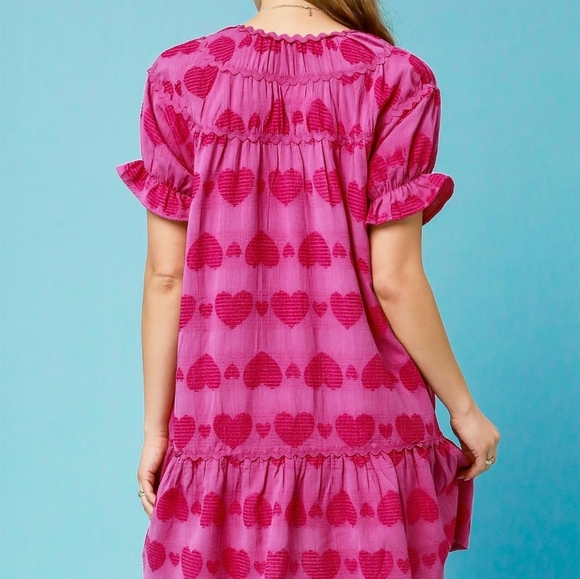 Umgee Heart Pattern Short Sleeve Ruffle Babydoll Dress - Picture 2 of 6